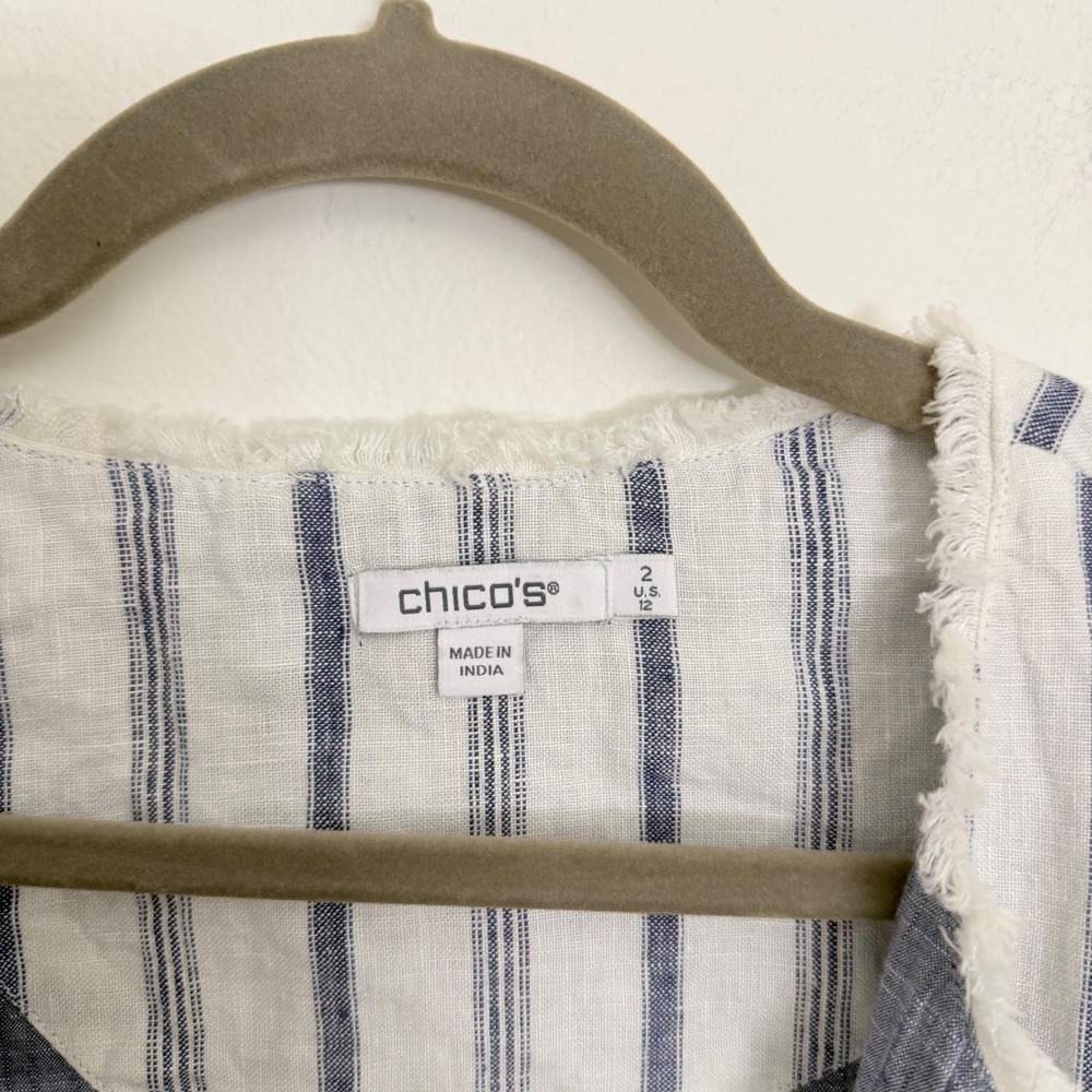 Chicos Blue White Striped‎ Linen Open Front Jacket Frayed Trim Size 2 US 12 - Picture 2 of 10